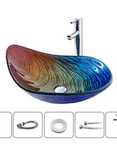 Bathroom Vessel Sink Rectangular 21"x15", Sink Mixer Faucet and Drain Combo with Pop-up Drain, Boat Shape Color Tempered Glass Artistic Vanity Sink Bowl, Above Counter Washroom Sink Art Wash Basin